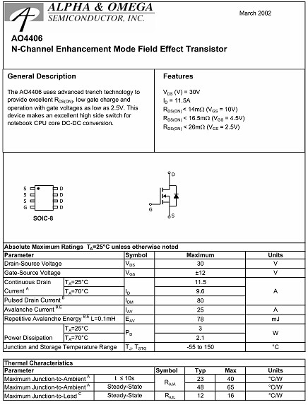 AO4406,AO4406參數,AO4406規格書,11.5A/30V