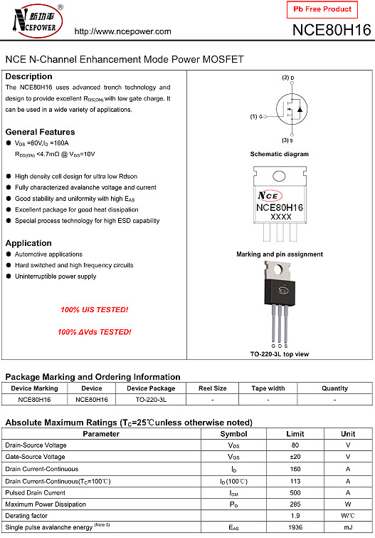 NCE80H16,NCE80H16參數,160A/80V