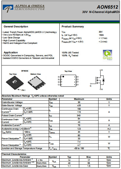 AON6512,AON6512規格書,30V/150A